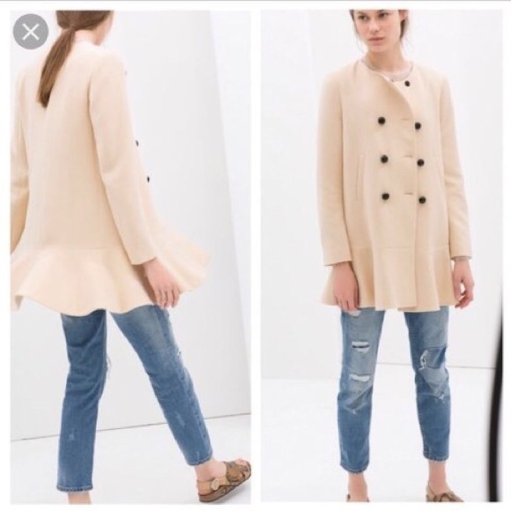Zara Women Double Breasted Ruffle Bottom Pea Coat Size XS